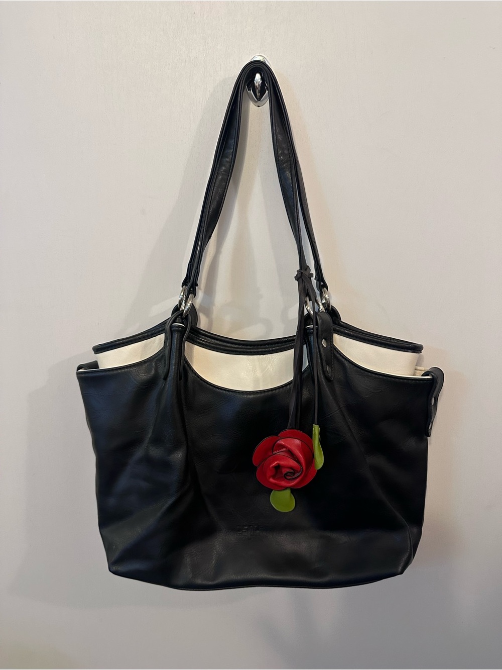 Black and White Leather Tote with Red Rose Charm